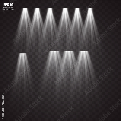 Vector transparent sunlight special lens flash light effect.front sun lens flash. Vector blur in the light of radiance. Element of decor. Horizontal stellar rays and searchlight. 