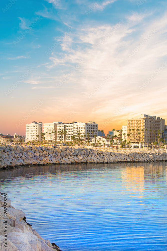 Beautiful view of the main street of Larnaca and Phinikoudes beach in Cyprus Beautiful view of the main street of Larnaca and Phinikoudes beach in Cyprus