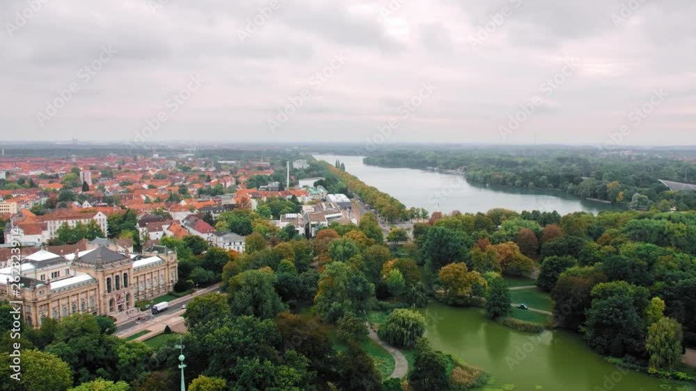 Hannover, Germany a bird'seye view. Lots of trees and green spaces. In