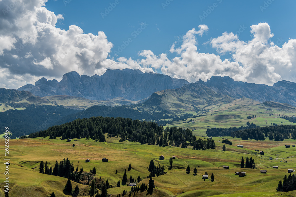View of the plateau from Alpe di Siusi or Seiser Alm in the Dolomites in South Tyrol, Italy