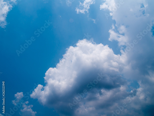 Beautiful blue clear sky with white clouds background in sunny day and copy space. Nature bright sky background image. Summer blue sky. Texture for Design. Natural cloudy Wallpaper.