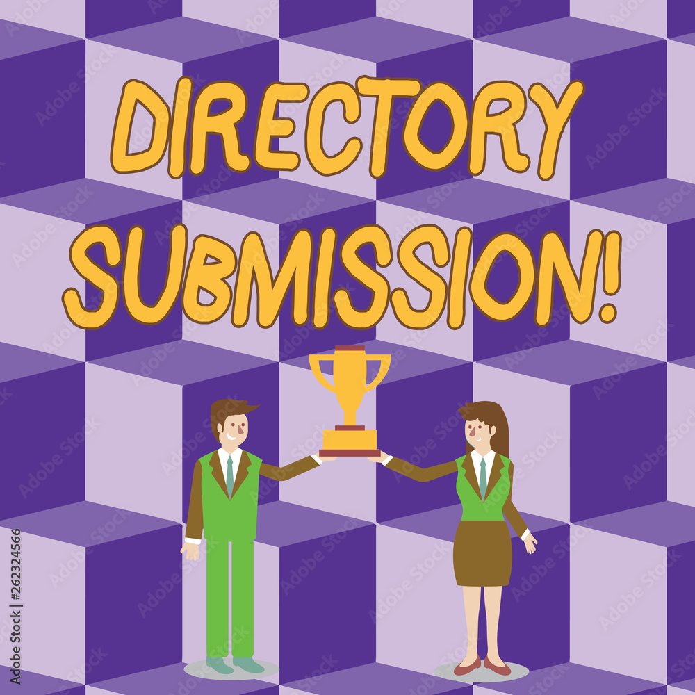 Conceptual hand writing showing Directory Submission. Concept meaning main source to increase backlinks for your website Man and Woman Business Suit Holding Championship Trophy Cup Conceptual hand writing showing Directory Submission. Concept meaning main source to increase backlinks for your website Man and Woman Business Suit Holding Championship Trophy Cup