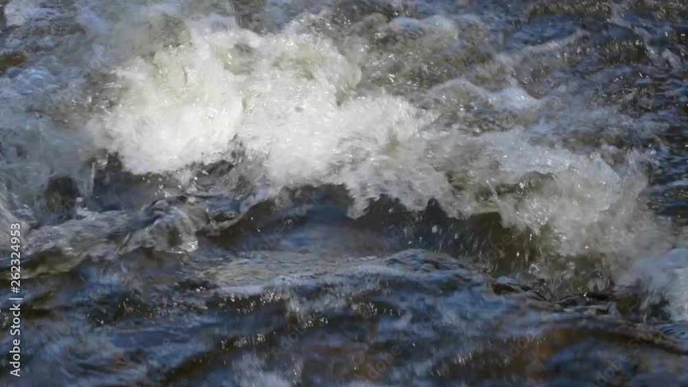 SLOWMOTION close-up shot of a wild white rapid. Visible force of nature. Potable crystal clear water and big rocks in the river. SLOWMOTION close-up shot of a wild white rapid. Visible force of nature. Potable crystal clear water and big rocks in the river.