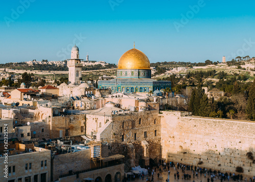 Panoramic view of the Western Wall and the Temple Mount in the old city of Jerusalem, Israel