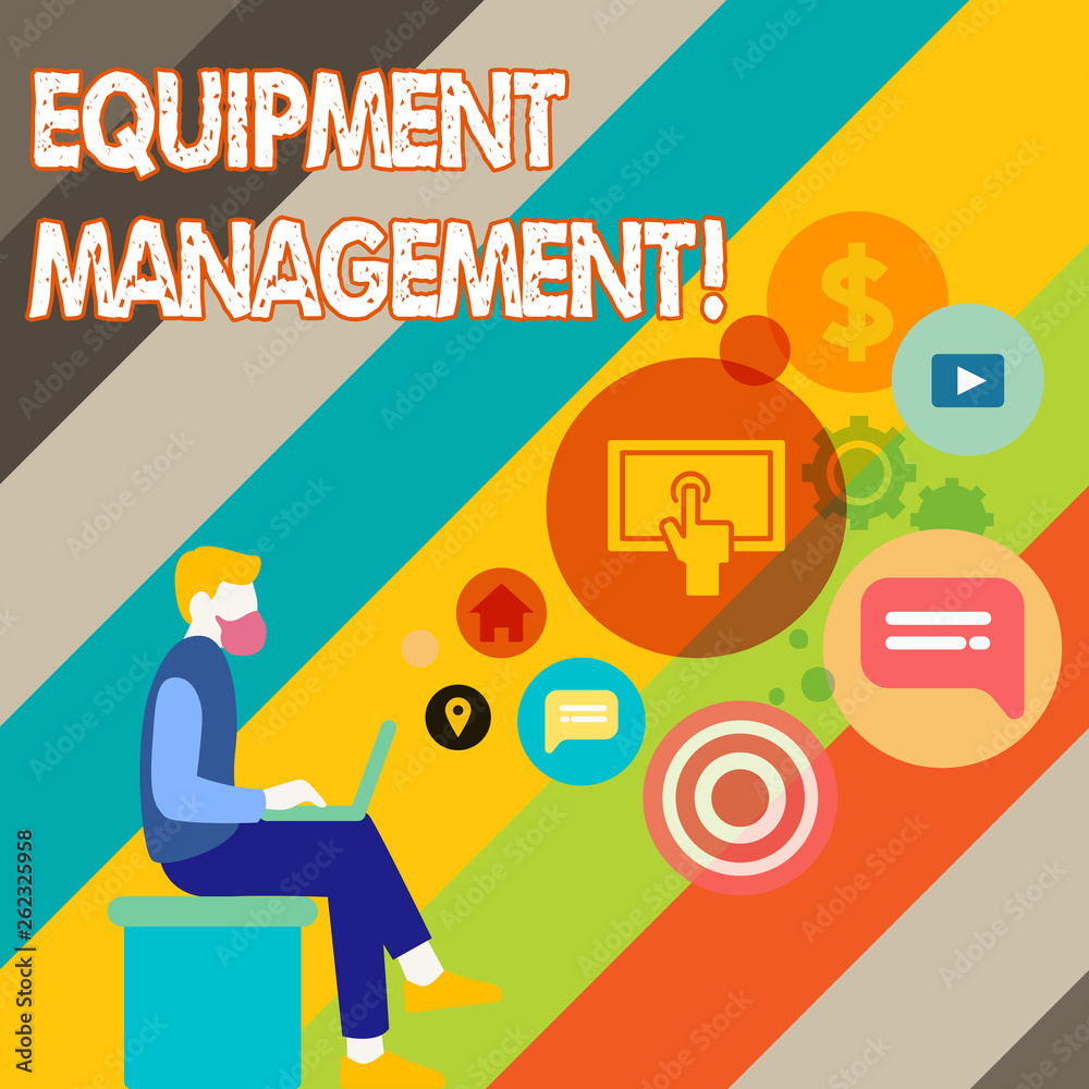 Writing note showing Equipment Management. Business concept for supervision of noncapitalized assets and stock items Man Sitting with Laptop and SEO Driver Icons on Blank Space Writing note showing Equipment Management. Business concept for supervision of noncapitalized assets and stock items Man Sitting with Laptop and SEO Driver Icons on Blank Space