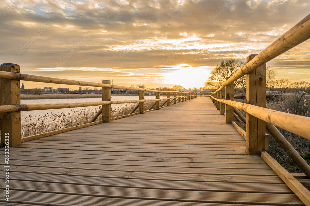 Pedestrian wooden bridge in the park. Place to rest near the lake. View of the park at sunset.