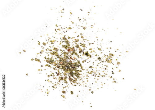 Dry ground green pepper pile, peppercorn isolated on white, top view