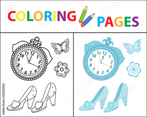 Coloring book page for kids. Cinderella set. Sketch outline and color version. Childrens education. Vector illustration.