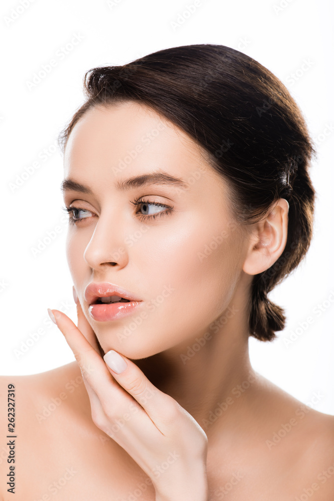 panoramic shot of young woman smiling with closed eyes while touching skin isolated on white panoramic shot of young woman smiling with closed eyes while touching skin isolated on white