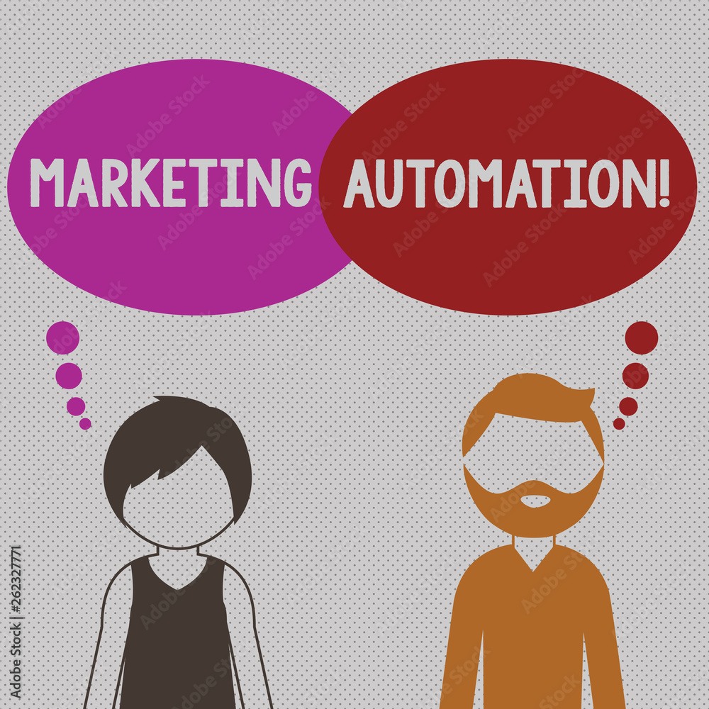 Writing note showing Marketing Automation. Business concept for Software used by company to effectively target customer Bearded Man and Woman with the Blank Colorful Thought Bubble Writing note showing Marketing Automation. Business concept for Software used by company to effectively target customer Bearded Man and Woman with the Blank Colorful Thought Bubble