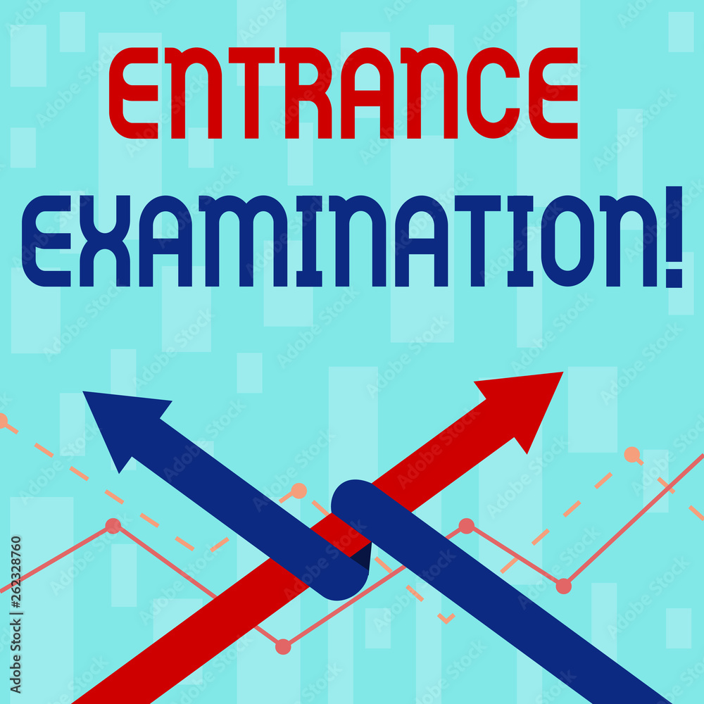 Fototapeta premium Writing note showing Entrance Examination. Business concept for an exam that you take to be accepted into a school Two Arrows One Intertwined to Other Team Up or Competition