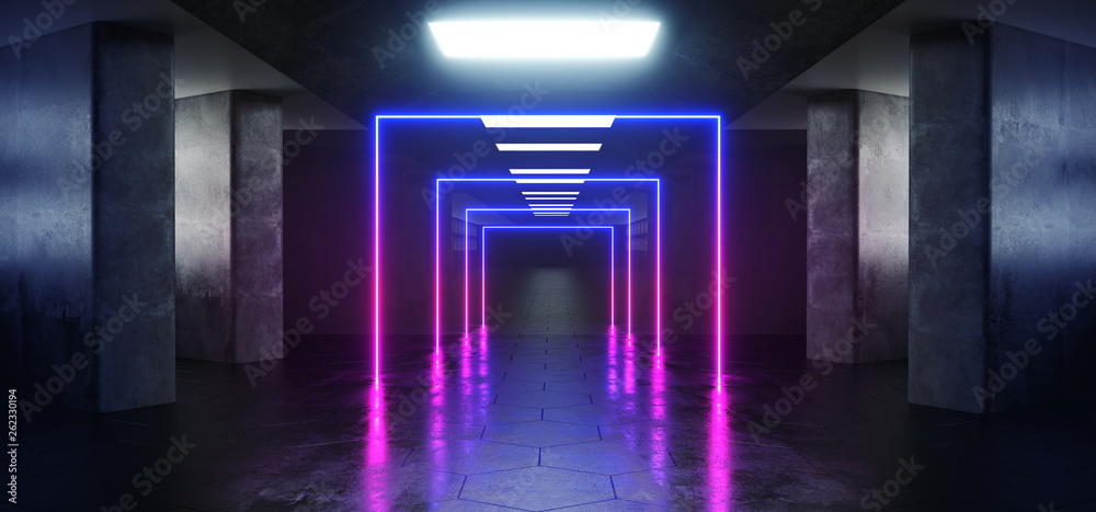 Neon Purple Blue Path Futuristic Modern Sci Fi Dark Elegant Grunge Concrete Empty Long Tunnel Corridor Reflective Material Empty White Window Light Led Concrete Big Columns 3D Rendering