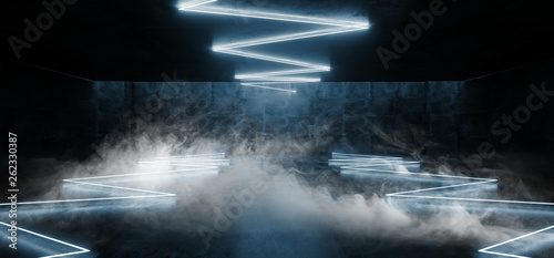 Smoke Fog Blue Fluorescent Sci Fi Neon Glowing Underground Futuristic Modern Grunge Concrete Hall Garage Underground Room Tunnel Corridor Reflections Laser Chaotic Rays 3D Rendering © IM_VISUALS