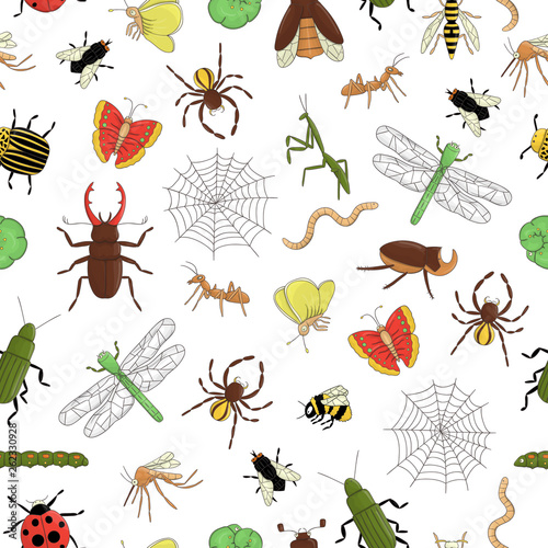 Vector seamless pattern of colorful  insects. Repeat background with isolated bright bee, bumble bee, may-bug, fly, moth, butterfly, caterpillar, spider, ladybug © Lexi Claus