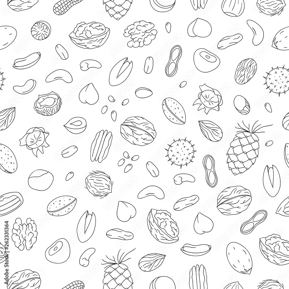 Vector seamless pattern of black and white nuts. Repeat background with isolated monochrome hazel nut, walnut, pistachio, cashew. Food texture in cartoon style Vector seamless pattern of black and white nuts. Repeat background with isolated monochrome hazel nut, walnut, pistachio, cashew. Food texture in cartoon style