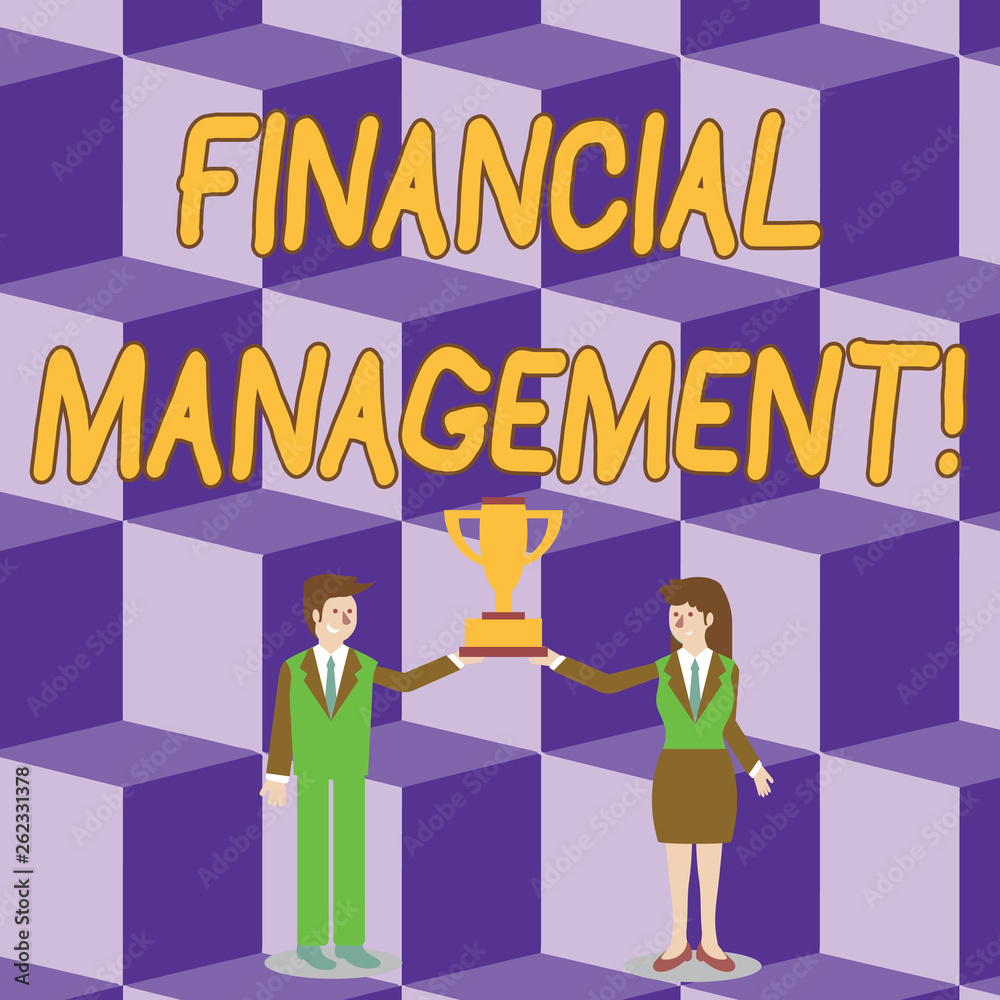 Conceptual hand writing showing Financial Management. Concept meaning controlling and monitoring financial resources Man and Woman Business Suit Holding Championship Trophy Cup Conceptual hand writing showing Financial Management. Concept meaning controlling and monitoring financial resources Man and Woman Business Suit Holding Championship Trophy Cup