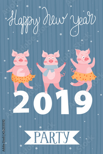 Christmas and Happy New Year greeting card with dancing pigs and figures with 2019 year. Cute pigs invite and celebrate New Year party. Vector illustration for textile, postcard, poster, book, invitat photo