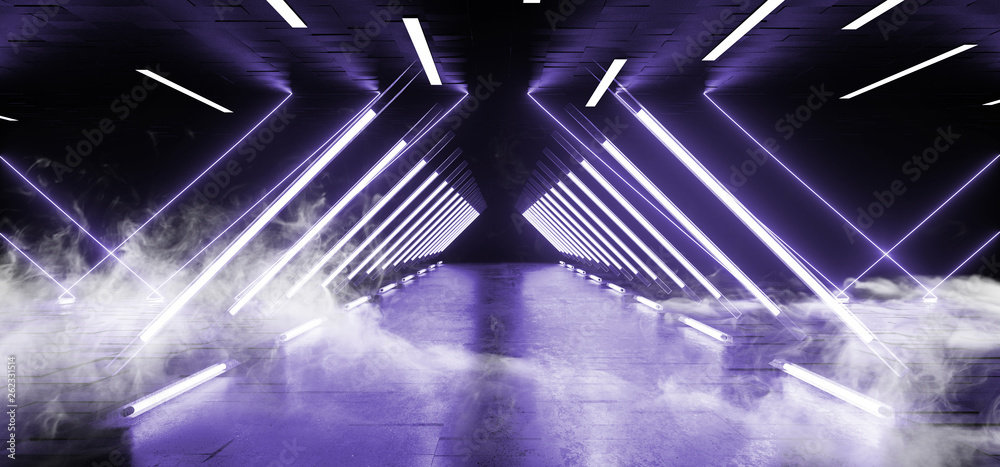 Ilustrace „Smoke Neon Fluorescent Laser Led Psychedelic Garage Elegant  Futuristic Sci Fi Modern Dark Empty Room With Tiled Metal Floor And Roof  With Led Lights And Purple And Blue Glowing Light Rays