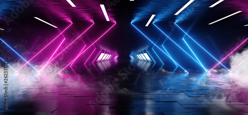 Smoke Fog Neon Fluorescent Laser Led Psychedelic Garage Elegant Futuristic Sci Fi Modern Dark Room With Tiled Metal Floor And Roof With Led Lights And Purple And Blue Glowing Light Rays 3D Rendering