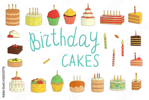 Vector set of colorful cakes with candles, balloons, presents. Birthday collection. Bright and cheerful  pack of sweet bakery goods. Colored drawing of cakes and candies
