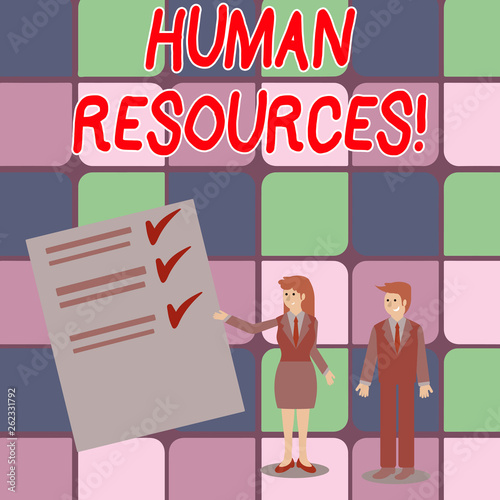 Word writing text Huanalysis Resources. Business photo showcasing the process of hiring and developing employees Man and Woman in Business Suit Presenting Report of Check and Lines on Paper