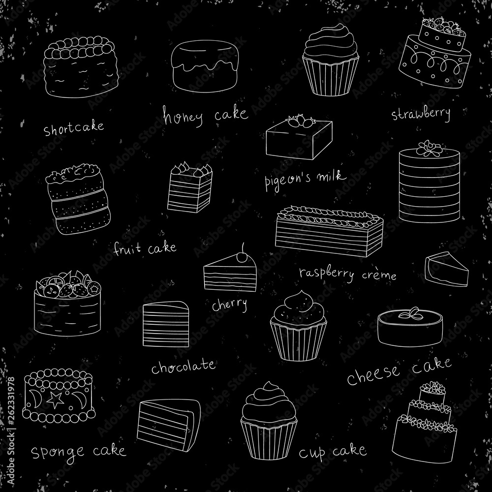 Vector set of white cakes on black shabby background with texture. Collection of sweet bakery goods. Good for restaurant or café dessert menu