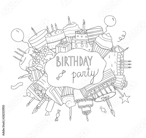 Birthday black and white elements. Birthday party invitation or banner. Doodle style drawing of cakes with candles  balloons  presents  confetti  sweets