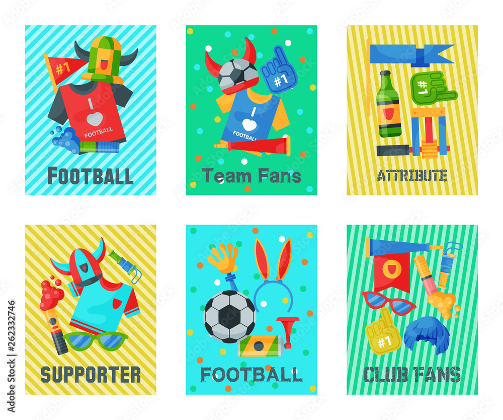 Football fan attributes set of cards, banners vector illustration. Soccer sport fan attribute rooter buff man accessories and supplies to cheer for your favorite team. Supporter.