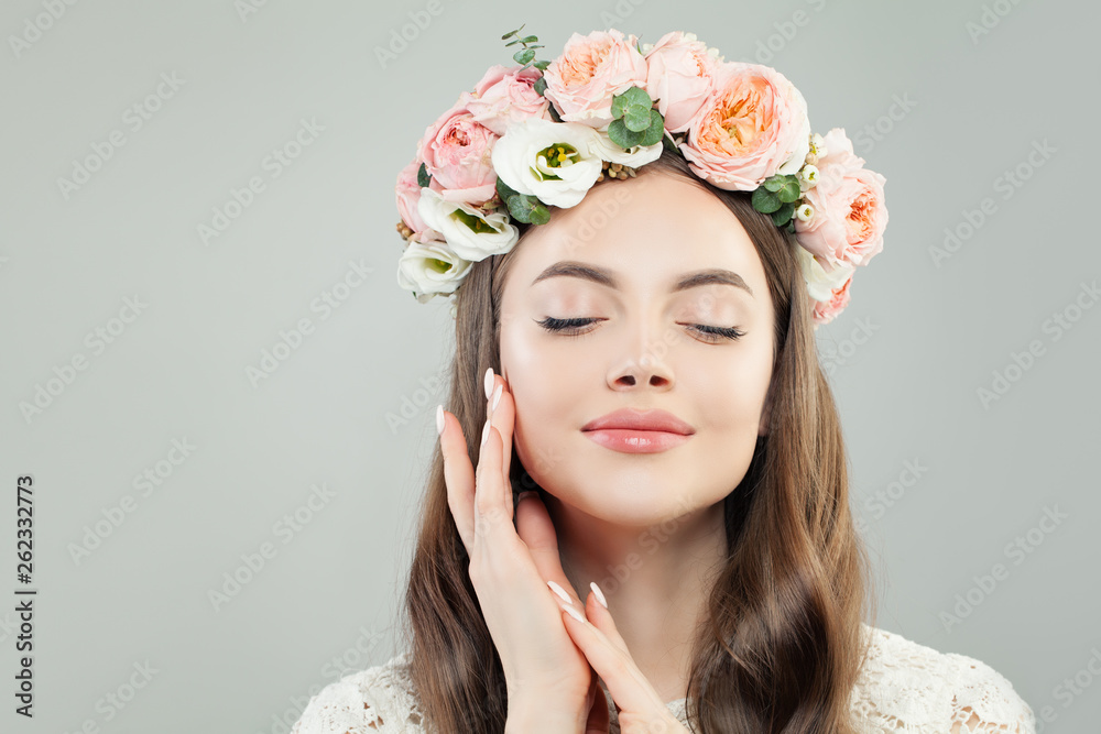 Spring Beauty Portrait of Enjoying Model Woman with Flowers