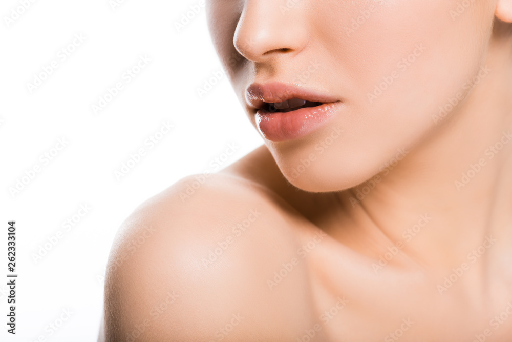 cropped view of plastic surgeon touching face of cheerful girl isolated on white