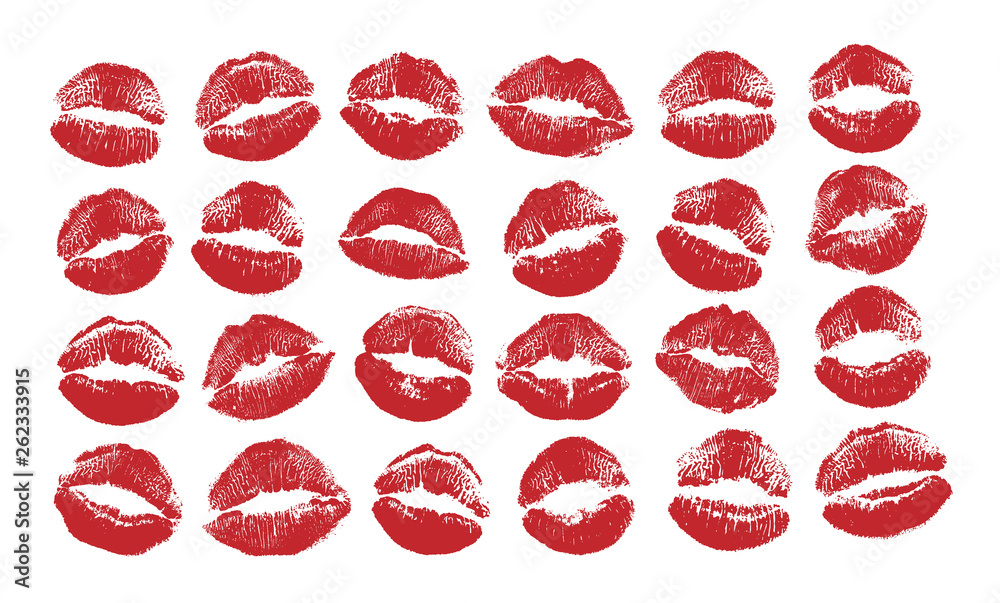 Print of red lips set. World kiss day, Valentine's day design elements. Vector illustration of womans girl red lipstick kiss mark isolated on white background.