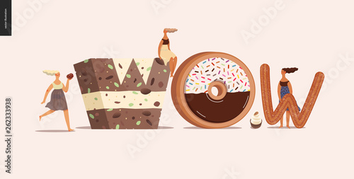 Dessert font - modern flat vector concept digital illustration of temptation font, sweet lettering and girls. Caramel, toffee, biscuit, waffle, cookie, cream and chocolate letters. Lettering Wow