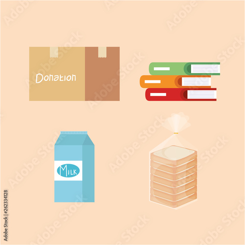 set box donation with books and milk box and bread