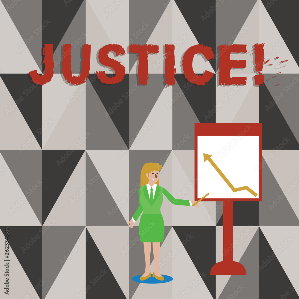 Conceptual hand writing showing Justice. Concept meaning impartial adjustment of conflicting claims or assignments Woman Holding Stick Pointing to Chart of Arrow on Whiteboard Conceptual hand writing showing Justice. Concept meaning impartial adjustment of conflicting claims or assignments Woman Holding Stick Pointing to Chart of Arrow on Whiteboard