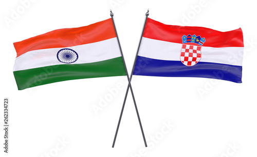 India and Croatia, two crossed flags isolated on white background. 3d image