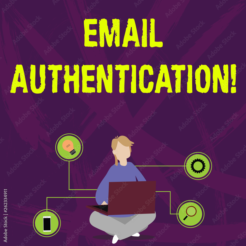Writing note showing Email Authentication. Business concept for used to block harmful or fraudulent uses of email Woman Sitting with Crossed Legs on Floor Browsing the Laptop Writing note showing Email Authentication. Business concept for used to block harmful or fraudulent uses of email Woman Sitting with Crossed Legs on Floor Browsing the Laptop