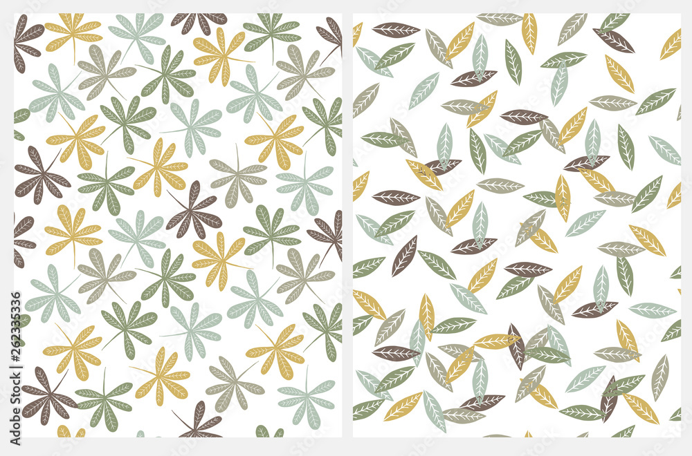 Lovely Seamless Vector Pattern with Green and Brown Abstract Tropical Leaves Isolated on a White Background. Cute Floral Repeatable Decoration. 
