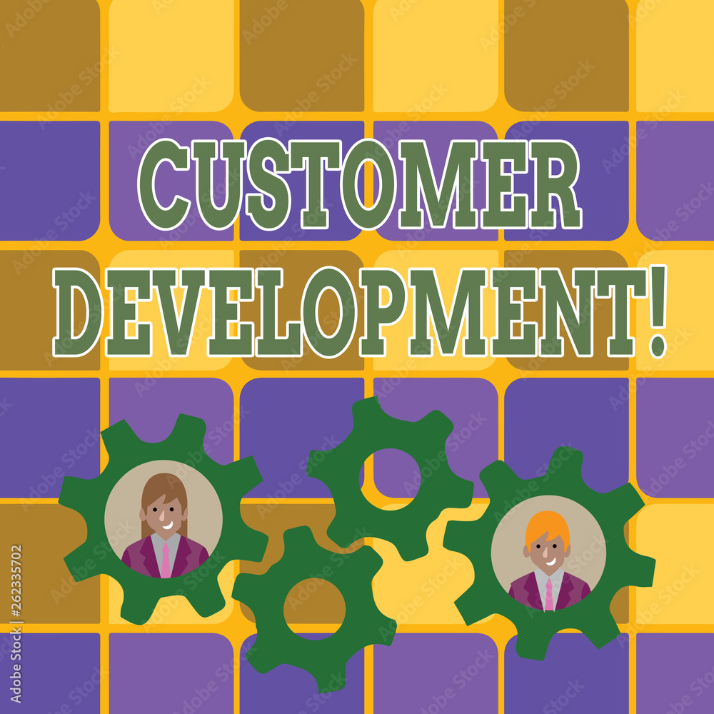 Fototapeta Word writing text Customer Development. Business photo showcasing formal methodology for building business startups Two Business People Each Inside Colorful Cog Wheel Gears for Teamwork Event
