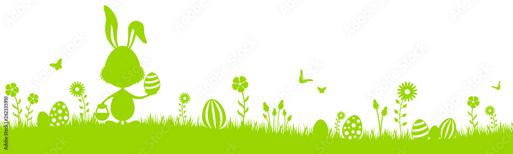Frohe Ostern Silhouette grün mit Osterhase und Ostereiern auf Osterwiese