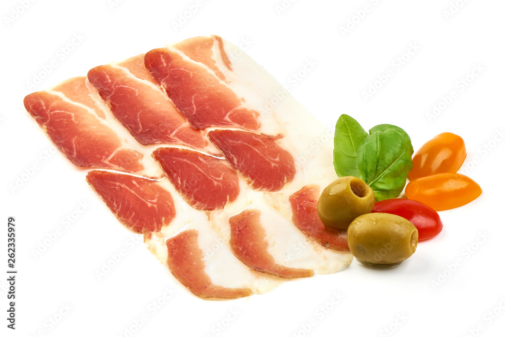 Dried jamon slices, Cured meat, close-up, isolated on white background Dried jamon slices, Cured meat, close-up, isolated on white background