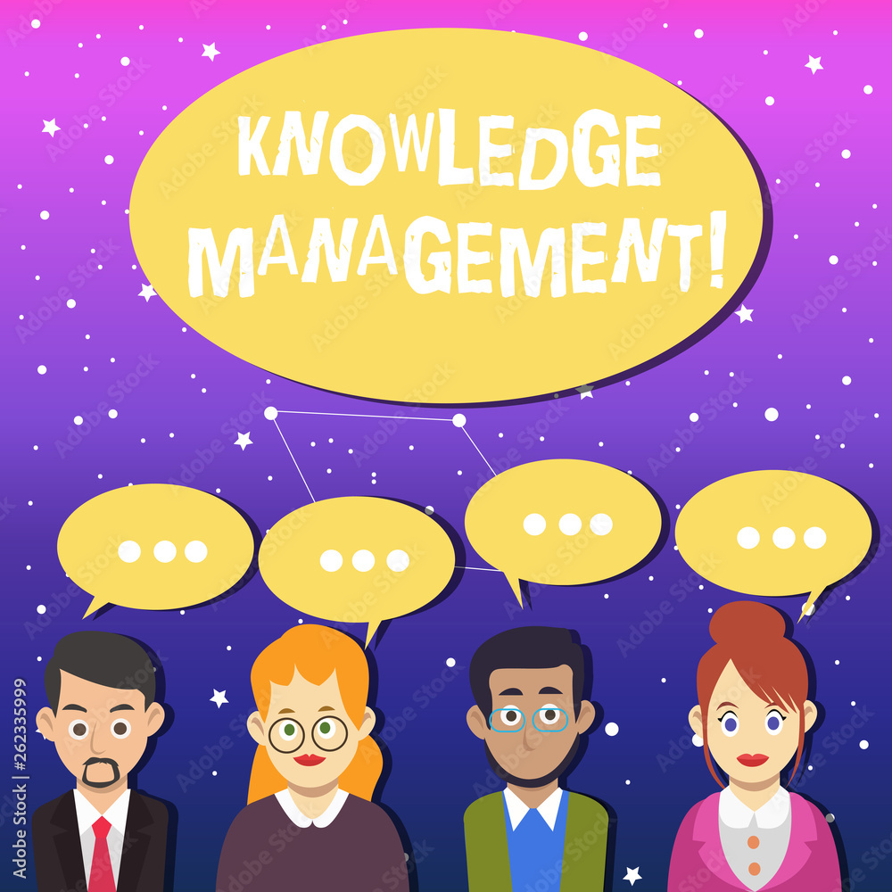 Writing note showing Knowledge Management. Business concept for efficient handling of information and resources Group of Business People with Speech Bubble with Three Dots