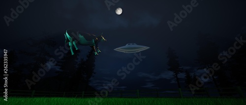 Extremely detailed and realistic high resolution 3d illustration of Grey Aliens abducting a cow