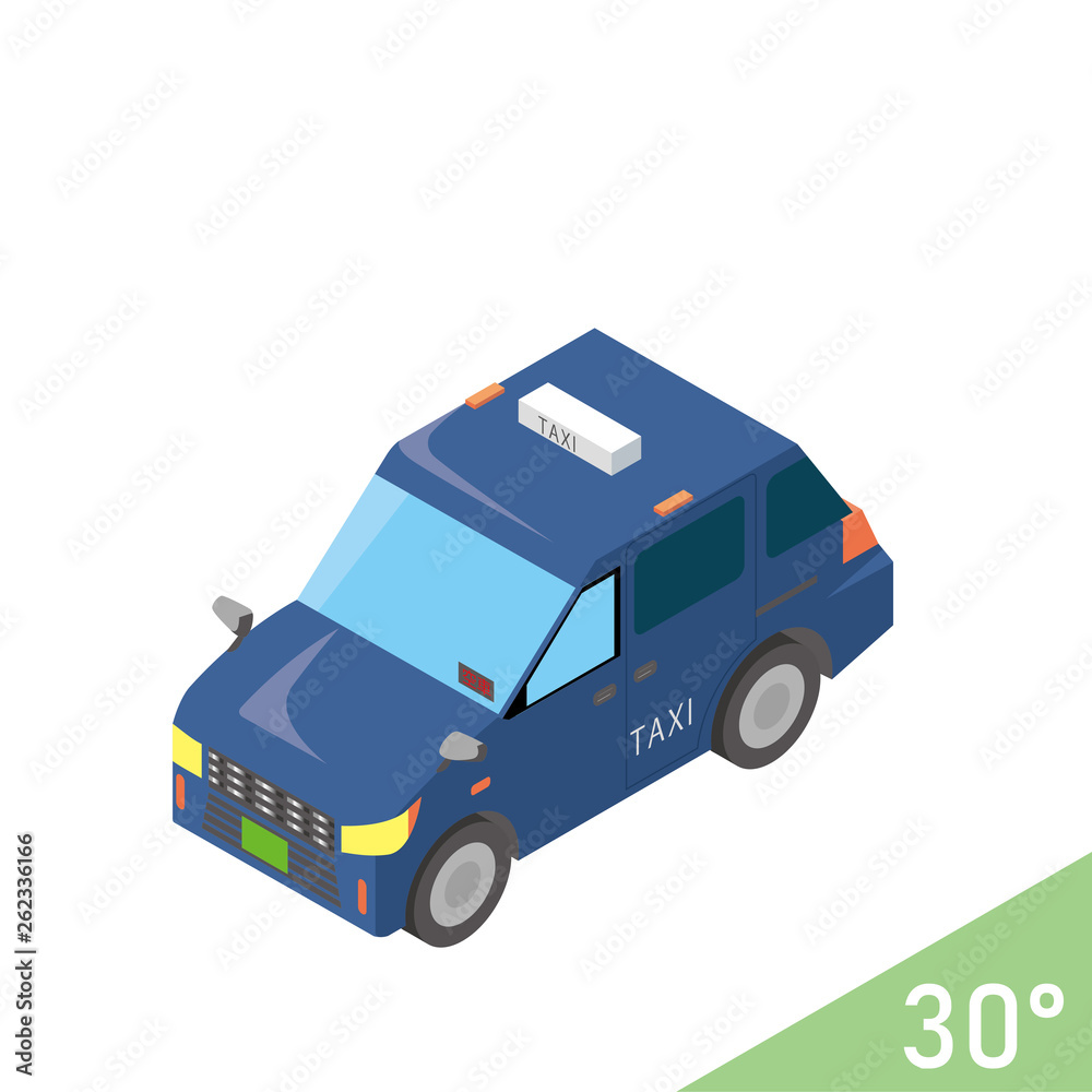 立体的な働くクルマのイラスト 紺のタクシー ミニバン ベクターデータ アイソメトリック投影法 Stock Vector Adobe Stock