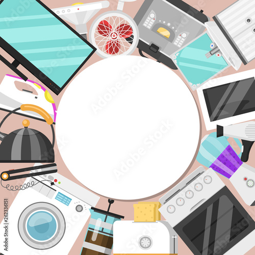 Electronic household appliances round pattern vector illustration. Kitchen and bathroom equipment for house. Washing machine, vacuum cleaner, microwave oven, kettle, TV set, iron.