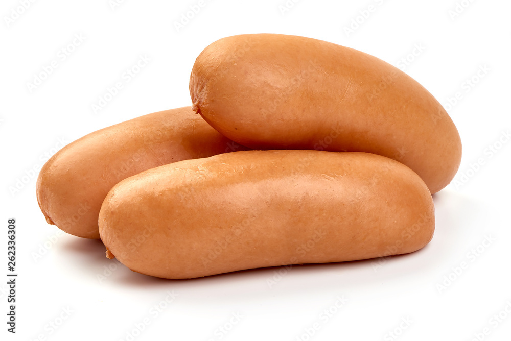 Fresh boiled sausages, close-up, isolated on white background Fresh boiled sausages, close-up, isolated on white background