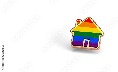 Gay pride rainbow in a home shape isolated on white background. Copy space on the left side. LGBTQ people rights to live together concept. 3D rendering