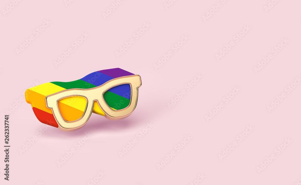Golden sunglasses pin with rainbow outline inside. It's OK to be gay concept. Isolated on pastel pink background with copy space. 3D rendering