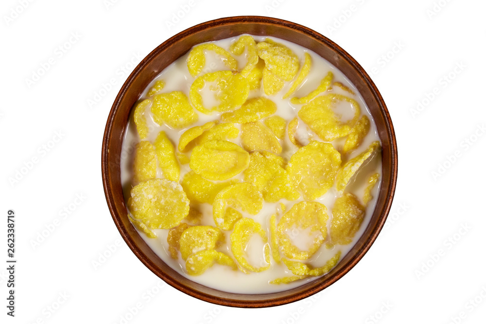 Cornflakes with milk in a bowl isolated on white background Cornflakes with milk in a bowl isolated on white background