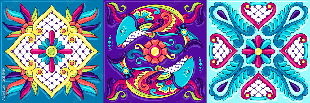 Obraz premium Mexican talavera ceramic tile pattern with fishes.