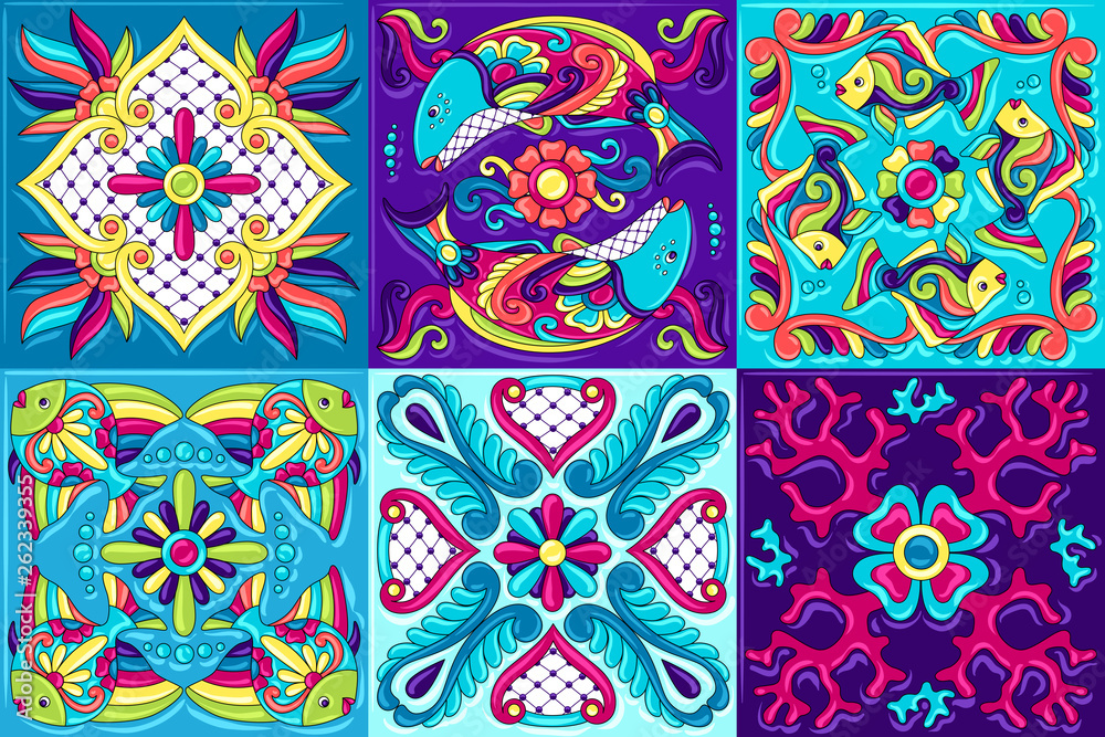 Mexican talavera ceramic tile pattern with fishes. Mexican talavera ceramic tile pattern with fishes.